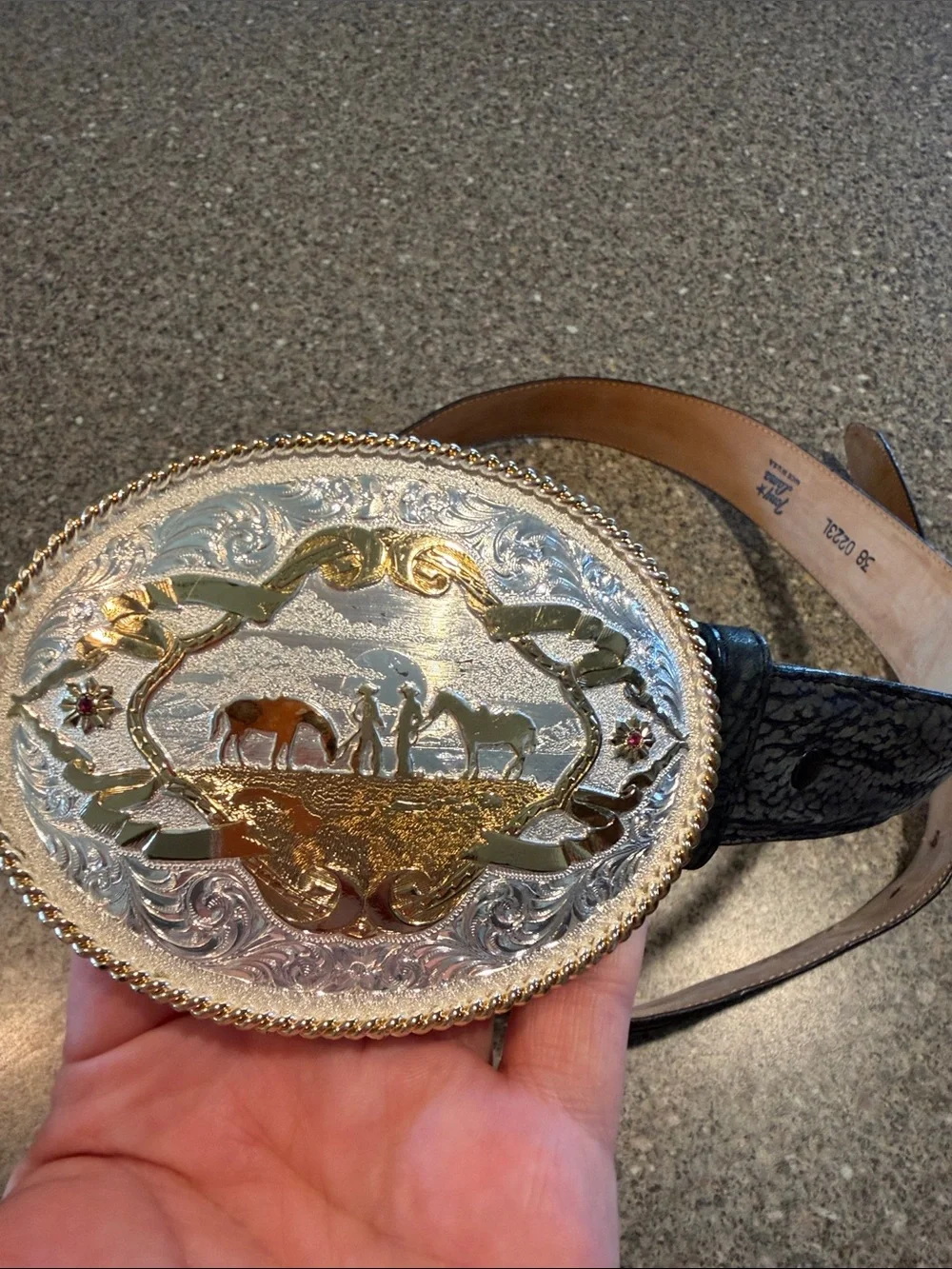Tony Lama Black Leather Belt with Vintage Montana Silversmiths western buckle